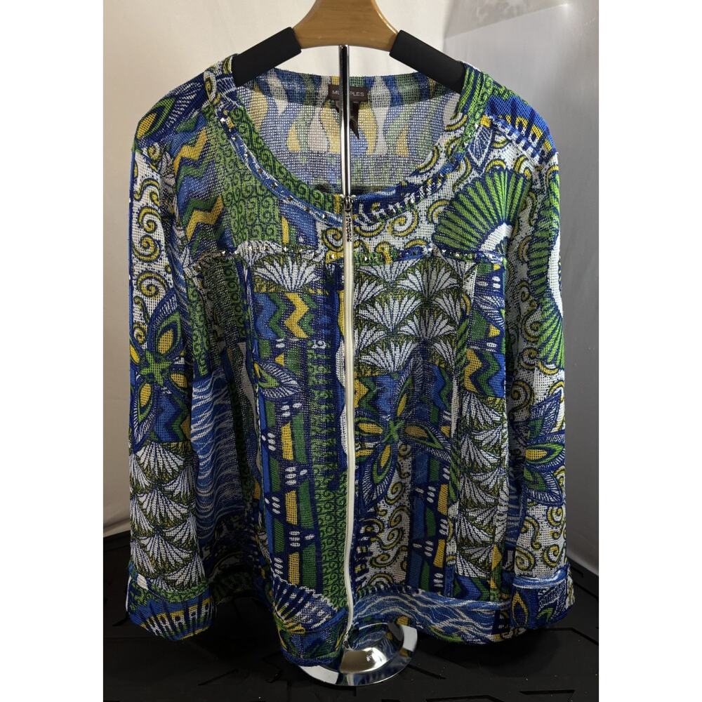 3X Boho Zip Front Top Blue Green Studded Mesh Lightweight Artsy Boho Coastal